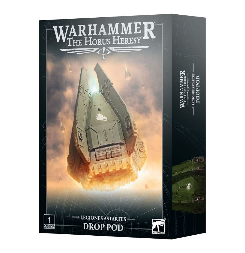Warhammer The Horus Heresy Drop Pod kit box. A green drop pod with open panels descends, leaving a fiery trail