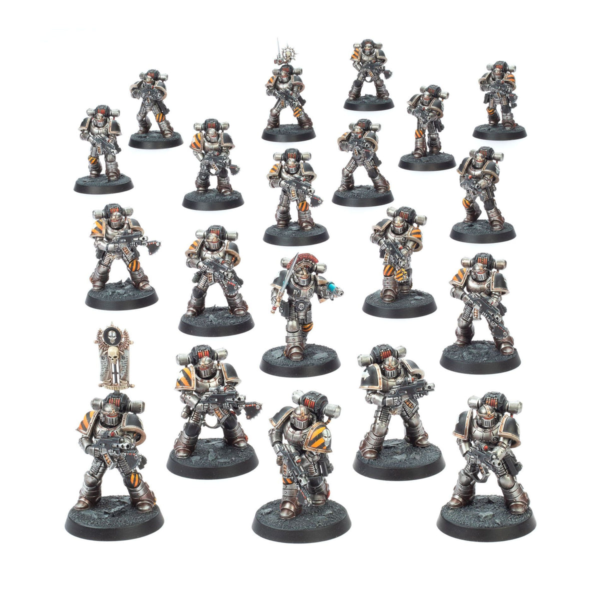 A group of miniature Iron Warriors soldiers in metallic grey and black armor, marked with yellow hazard stripes, holding guns