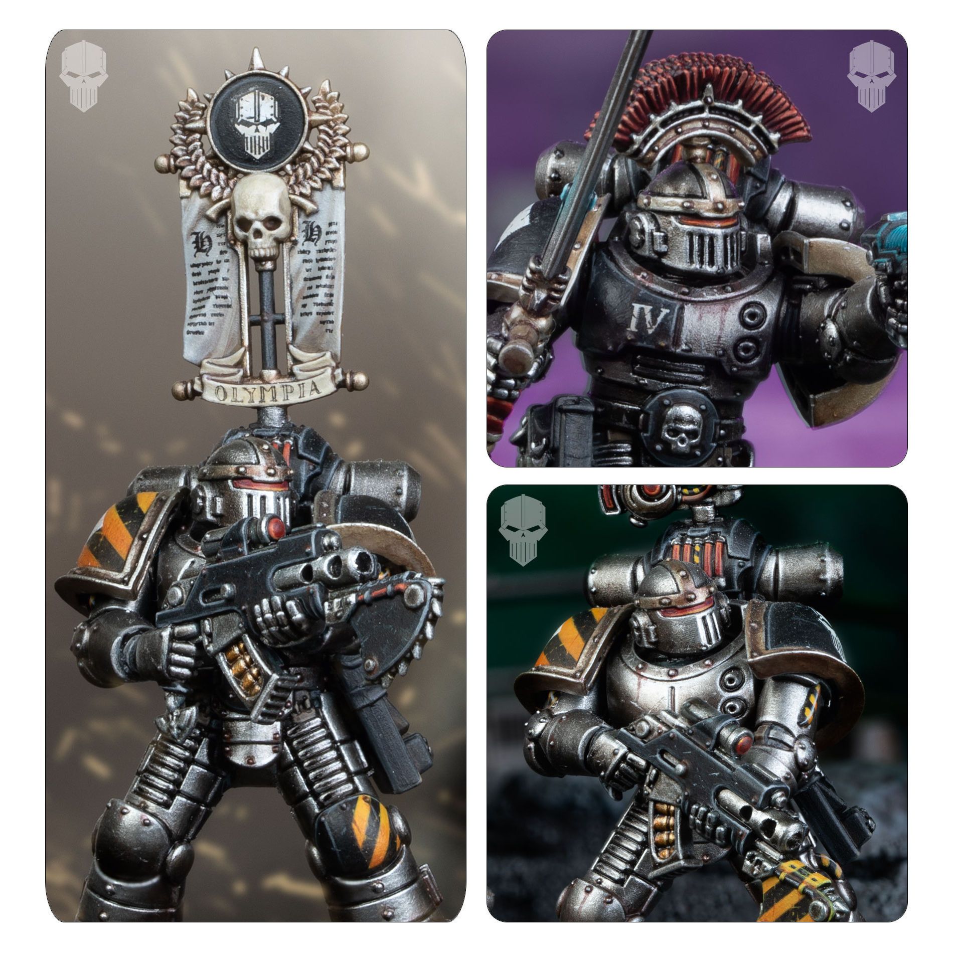 Three detailed Iron Warriors miniatures in metallic grey armor with yellow/black hazard stripes, armed with a standard, sword, and rifle
