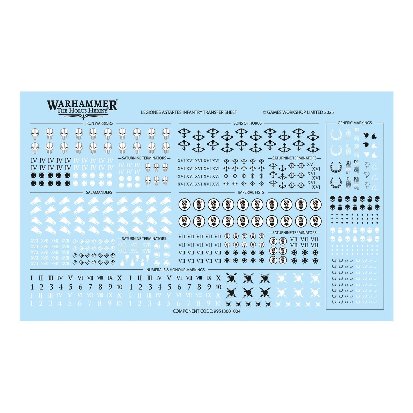 Warhammer: The Horus Heresy transfer sheet with numerous black & white Legiones Astartes infantry decals on a light blue background