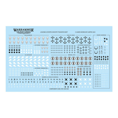 Warhammer: The Horus Heresy transfer sheet with numerous black & white Legiones Astartes infantry decals on a light blue background
