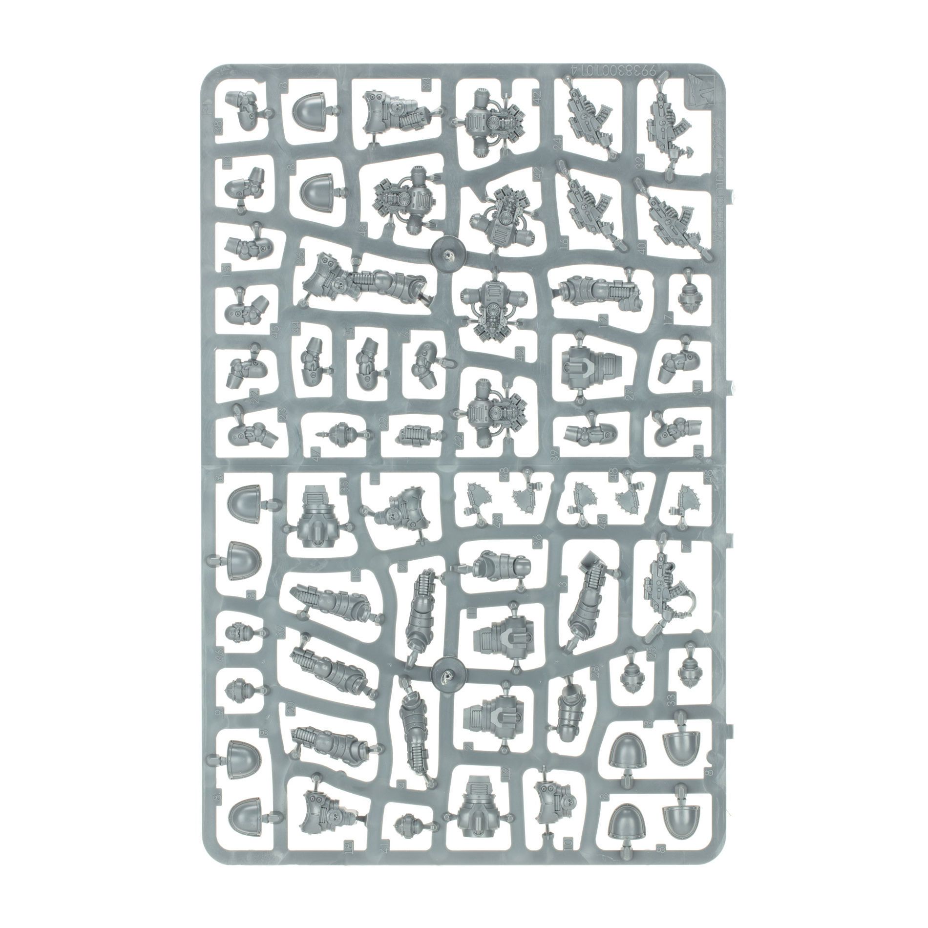 Grey plastic sprue with numerous unbuilt sci-fi miniature components, including weapons and armor parts