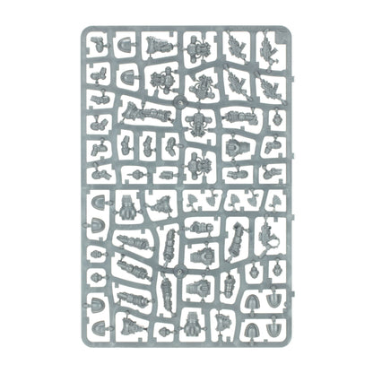 Grey plastic sprue with numerous unbuilt sci-fi miniature components, including weapons and armor parts