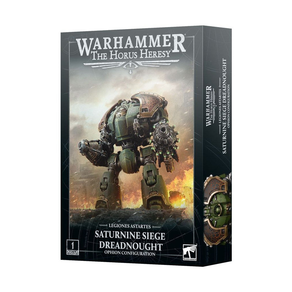 Warhammer The Horus Heresy Saturnine Siege Dreadnought model box. Art shows a heavily armed green mech on a fiery battlefield
