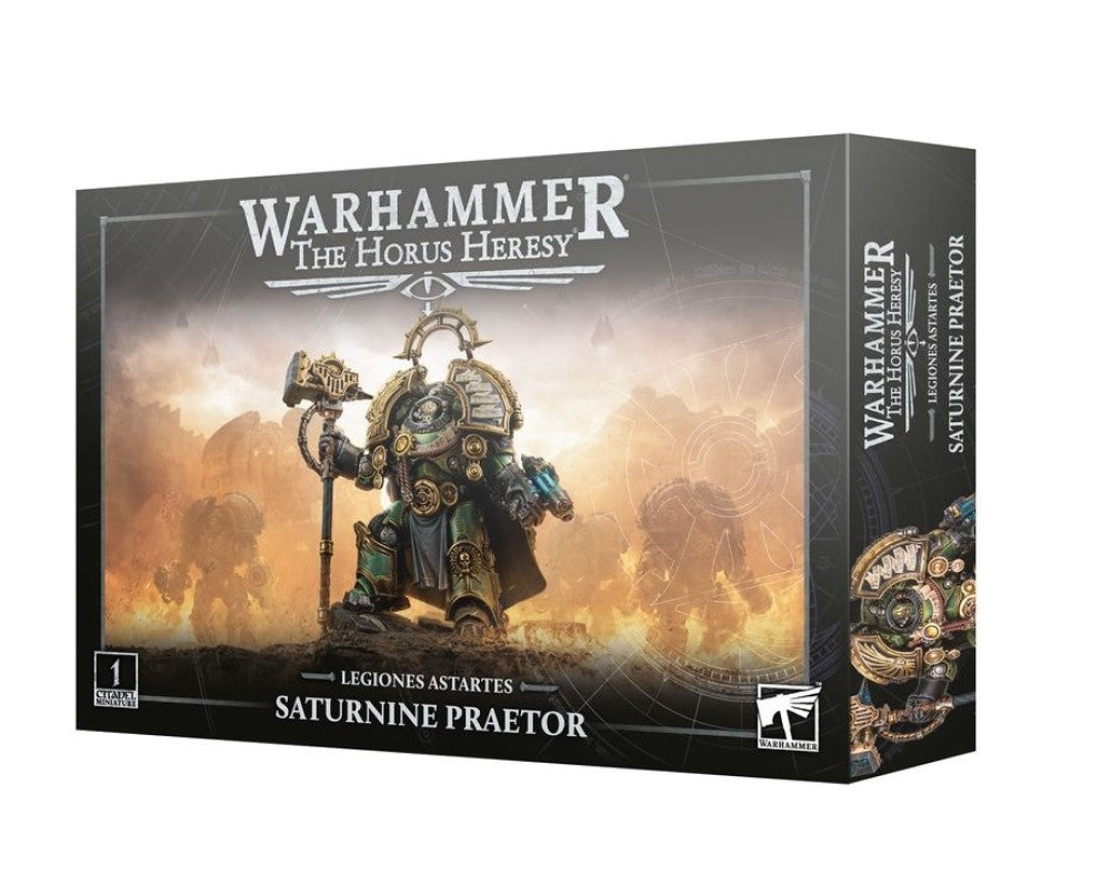 Warhammer: The Horus Heresy kit box with a green & gold Saturnine Praetor in power armor holding a hammer & gun on a battlefield