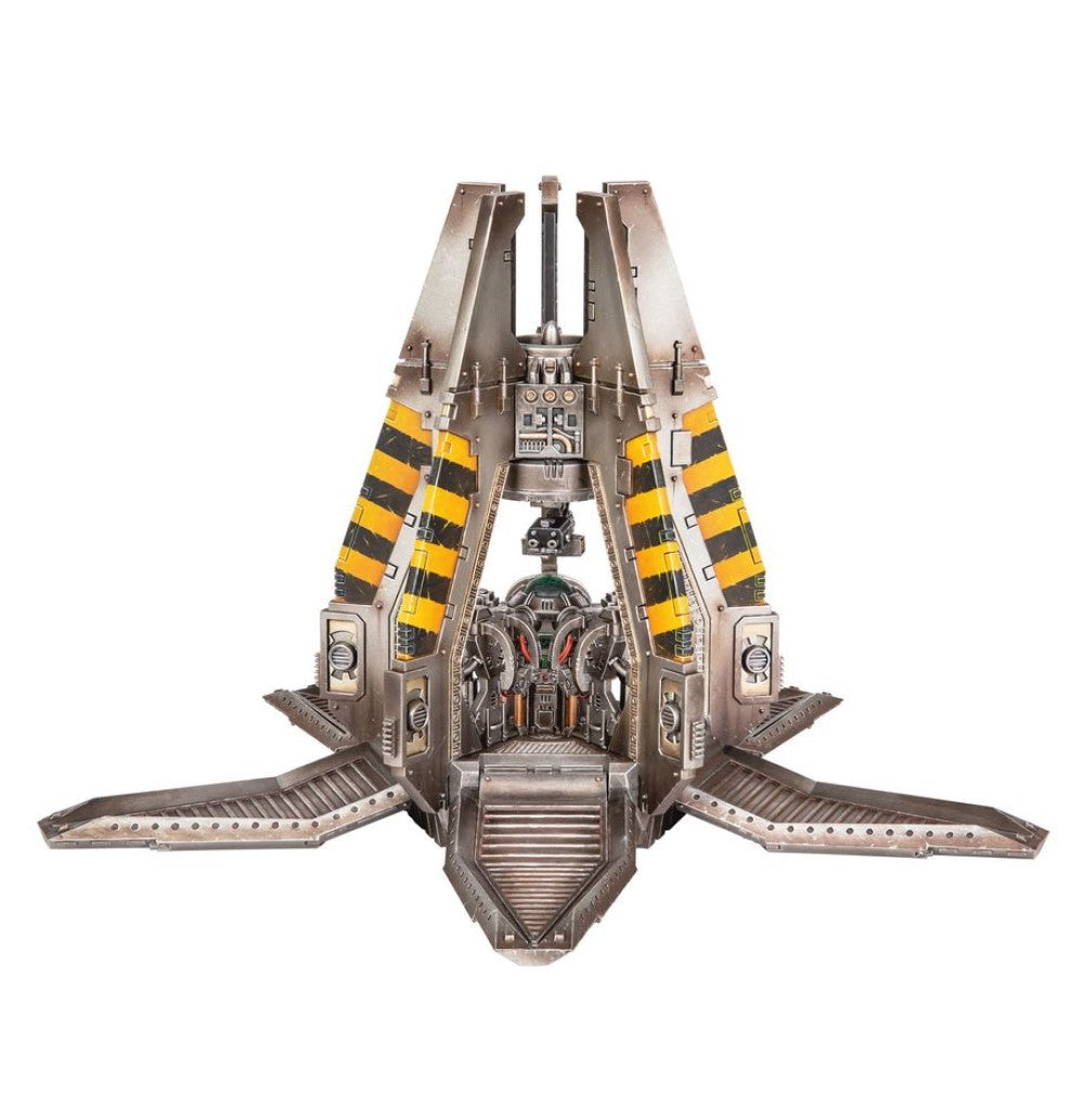 Weathered metallic drop pod model with black and yellow hazard stripes, open front, and extended landing fins