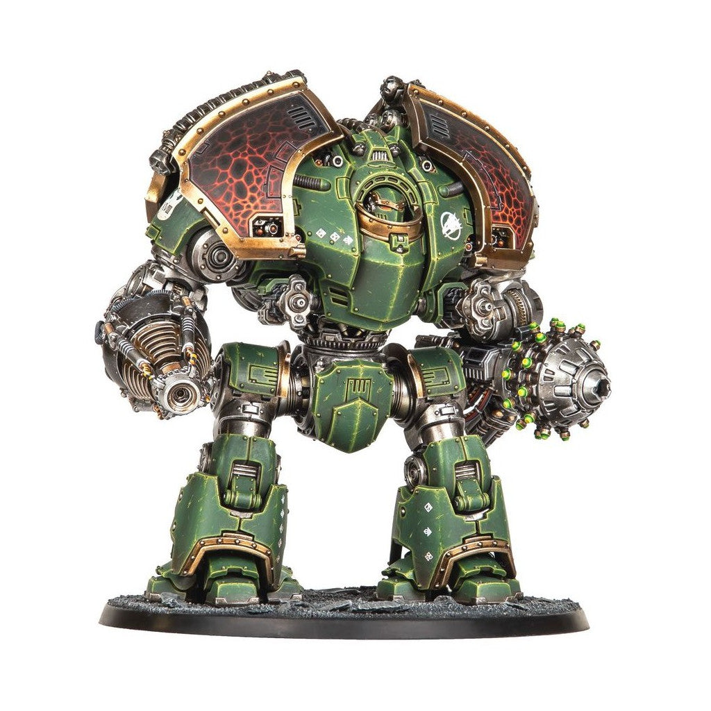 Painted miniature of a green sci-fi war machine with gold trim, lava-patterned shoulders, and two powerful arm weapons