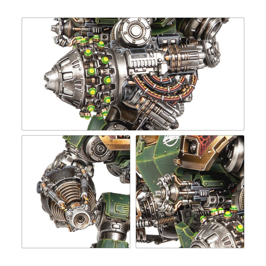 Close-up of a green and gold Warhammer 40K Dreadnought model, highlighting intricate mechanics, wires, and glowing green details