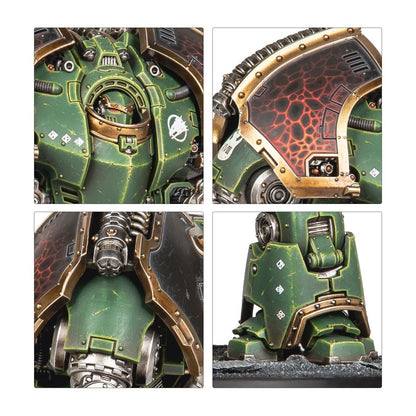 Four detailed close-ups of a green and bronze armored war walker miniature, showing its torso, lava-cracked pauldron, and leg