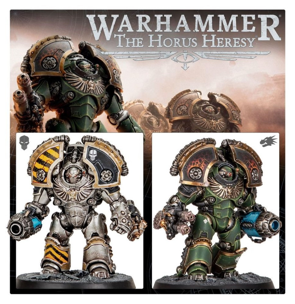 Warhammer The Horus Heresy logo. Three Space Marine Terminator miniatures: green, silver/black, and green/bronze