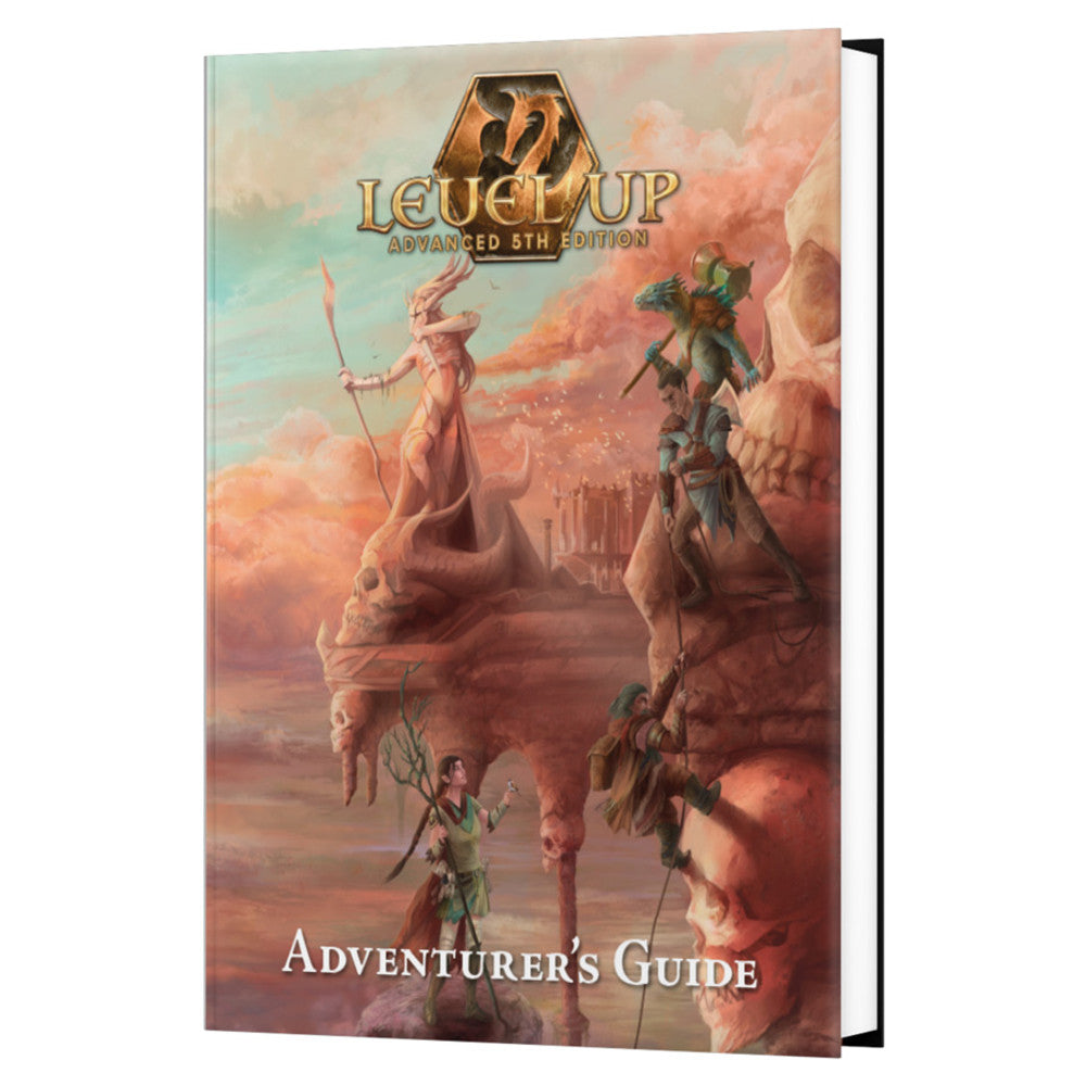 Level Up Advanced 5th Edition Adventurers Guide book cover features fantasy adventurers climbing skull-shaped cliffs under an orange sky
