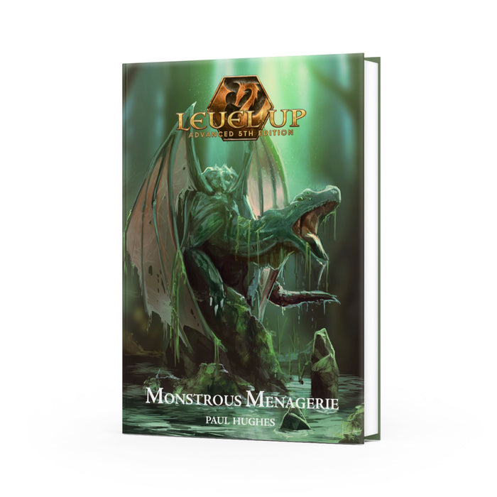 The Level Up Advanced 5th Edition Monstrous Menagerie book cover depicts a green, moss-covered dragon with large wings roaring from a dark swamp