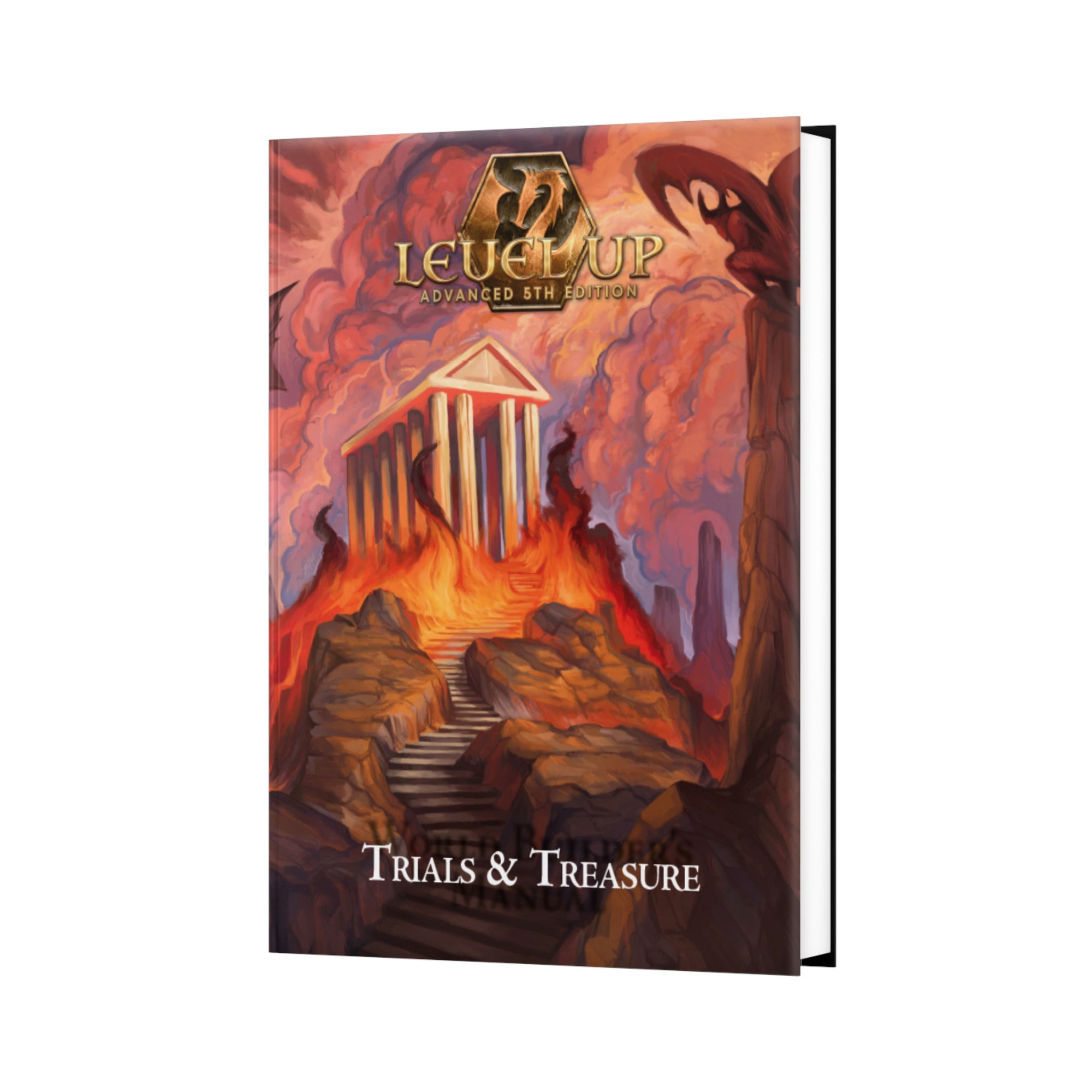 The Level Up Advanced 5th Edition Trials & Treasure book cover shows a temple on fiery rocks with steps leading up, under a smoke-filled sky