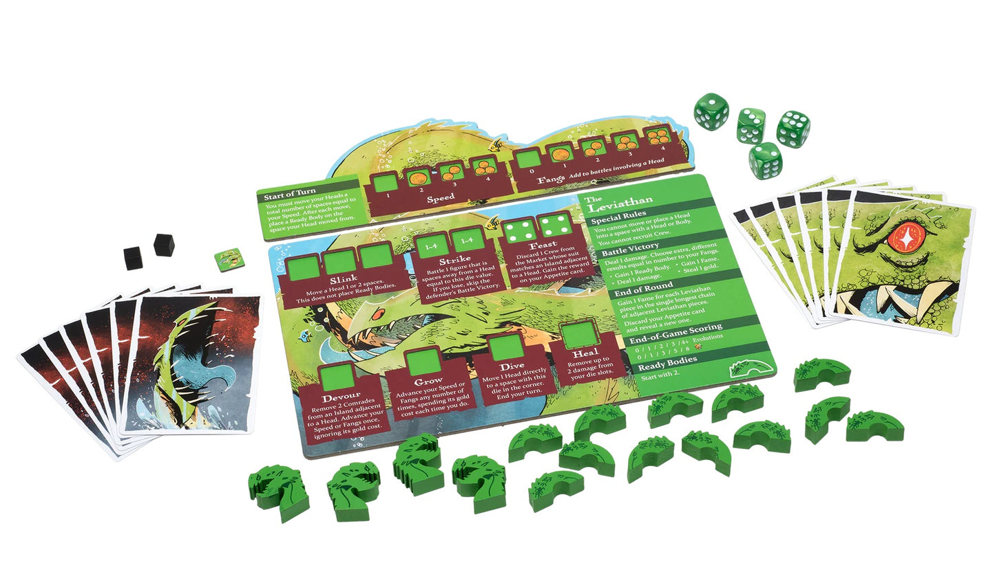Ahoy: Fang & Fortune expansion board game  components including the main board, monster cards, green dice, and segmented wooden tokens