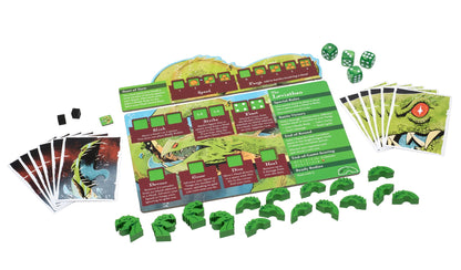 Ahoy: Fang & Fortune expansion board game  components including the main board, monster cards, green dice, and segmented wooden tokens