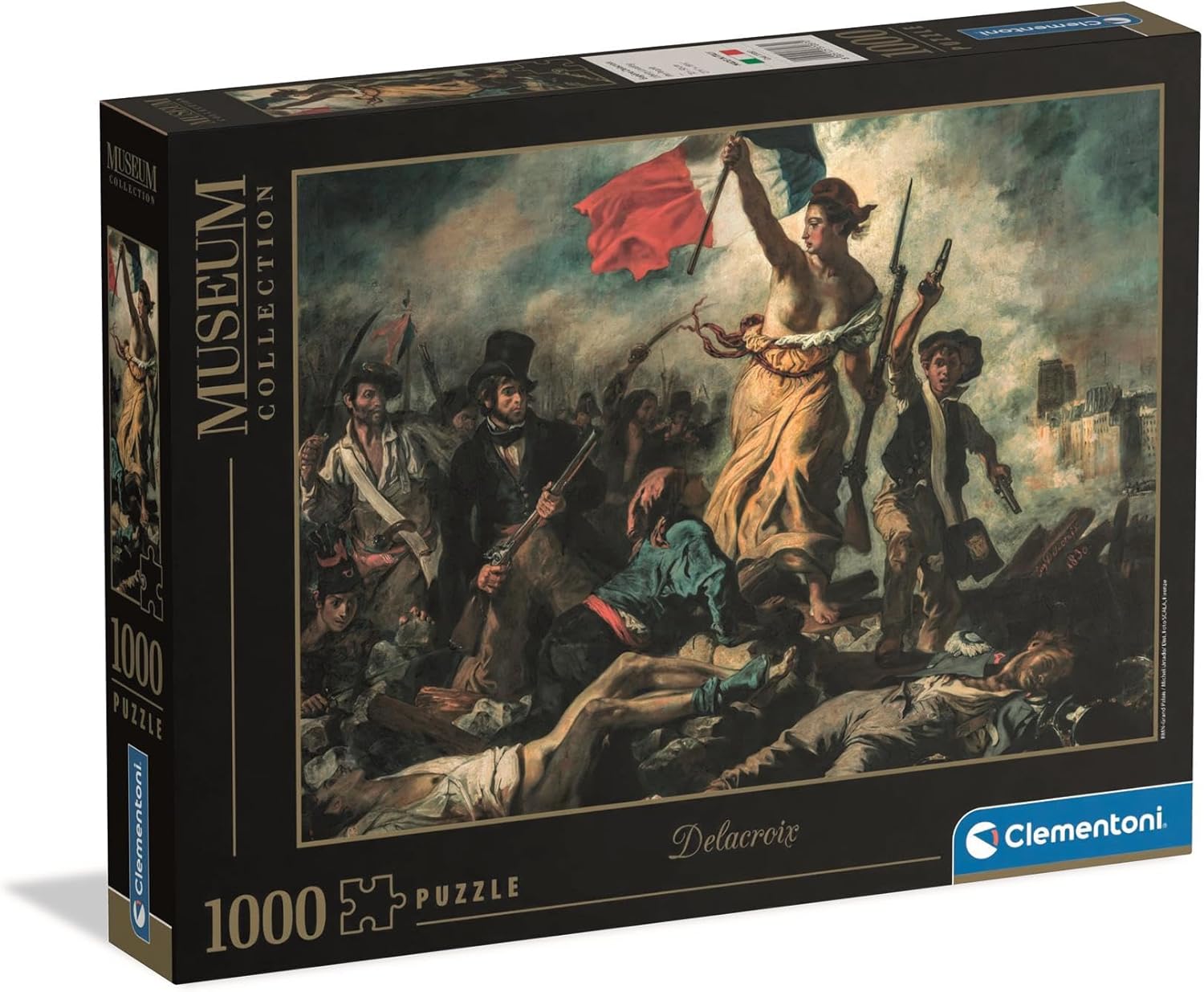 Clementoni Museum Collection 1000-piece jigsaw puzzle box featuring Delacroix's 'Liberty Leading the People': Liberty with a French flag leading rebels over bodies