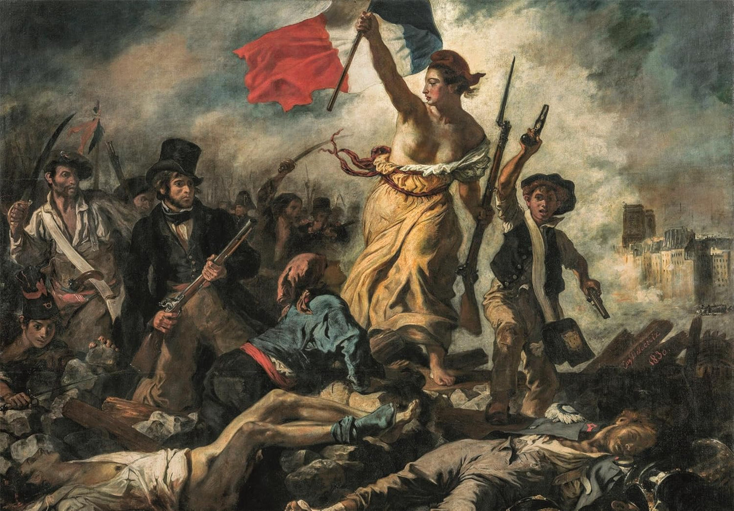 A bare-breasted woman, representing Liberty, raises a French flag, leading armed revolutionaries over bodies on a barricade