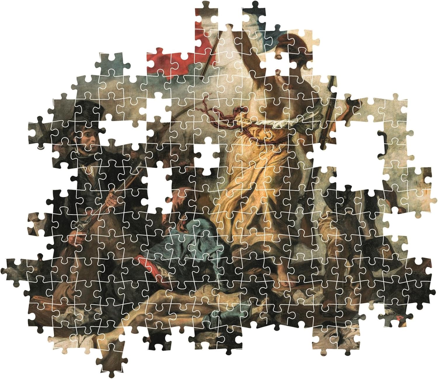 Partially assembled jigsaw puzzle of Liberty Leading the People, showing Liberty with a flag leading revolutionaries