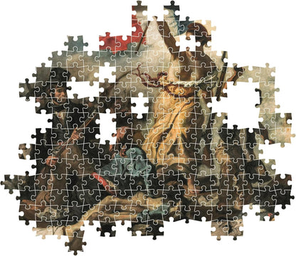 Partially assembled jigsaw puzzle of Liberty Leading the People, showing Liberty with a flag leading revolutionaries