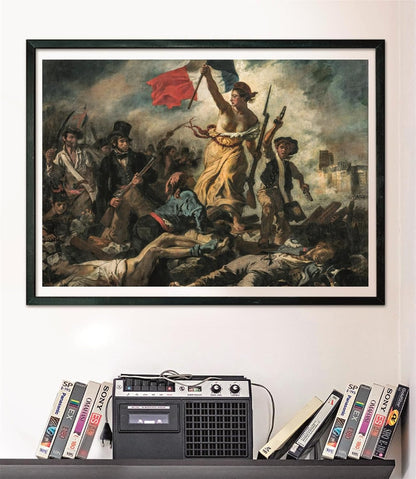 Framed painting of Liberty Leading the People: A woman with a French flag leads armed revolutionaries over fallen bodies
