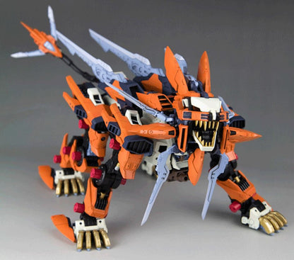 Orange and black Zoids Liger Zero model with sharp fangs and back blades, standing aggressively