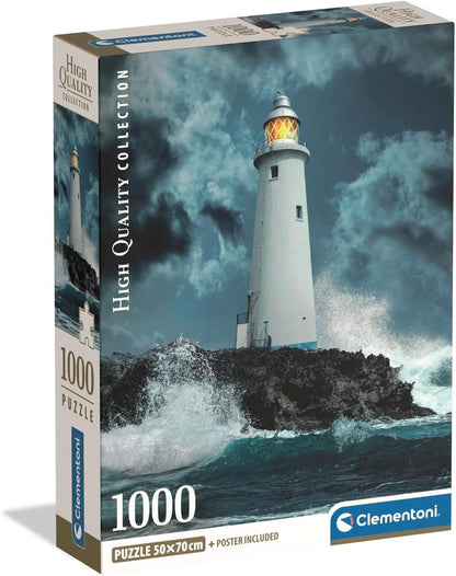 Clementoni 1000-piece puzzle box shows white lighthouse with glowing beacon on rocky coast, waves crashing, stormy sky