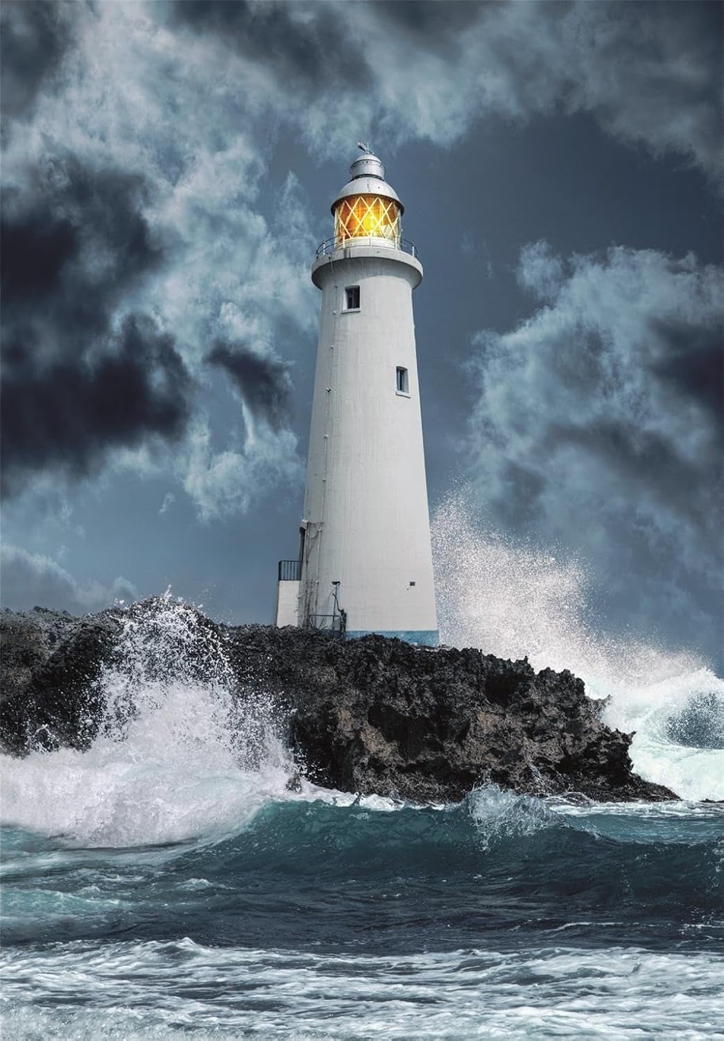 White lighthouse, lamp glowing, on rocky outcrop. Dark storm clouds and powerful waves crash against the base