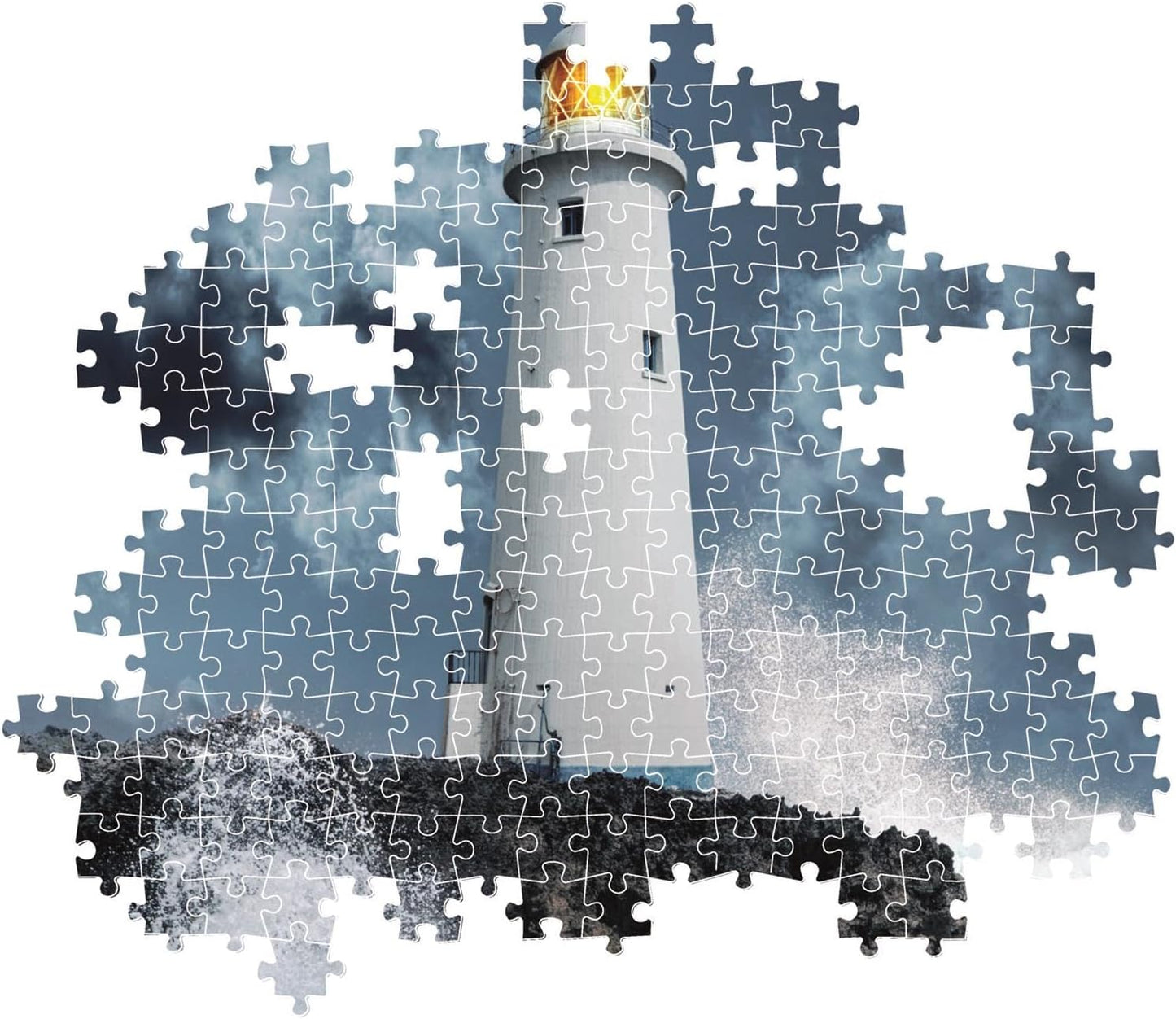 Incomplete jigsaw puzzle: a lighthouse on rocks with stormy seas and crashing waves