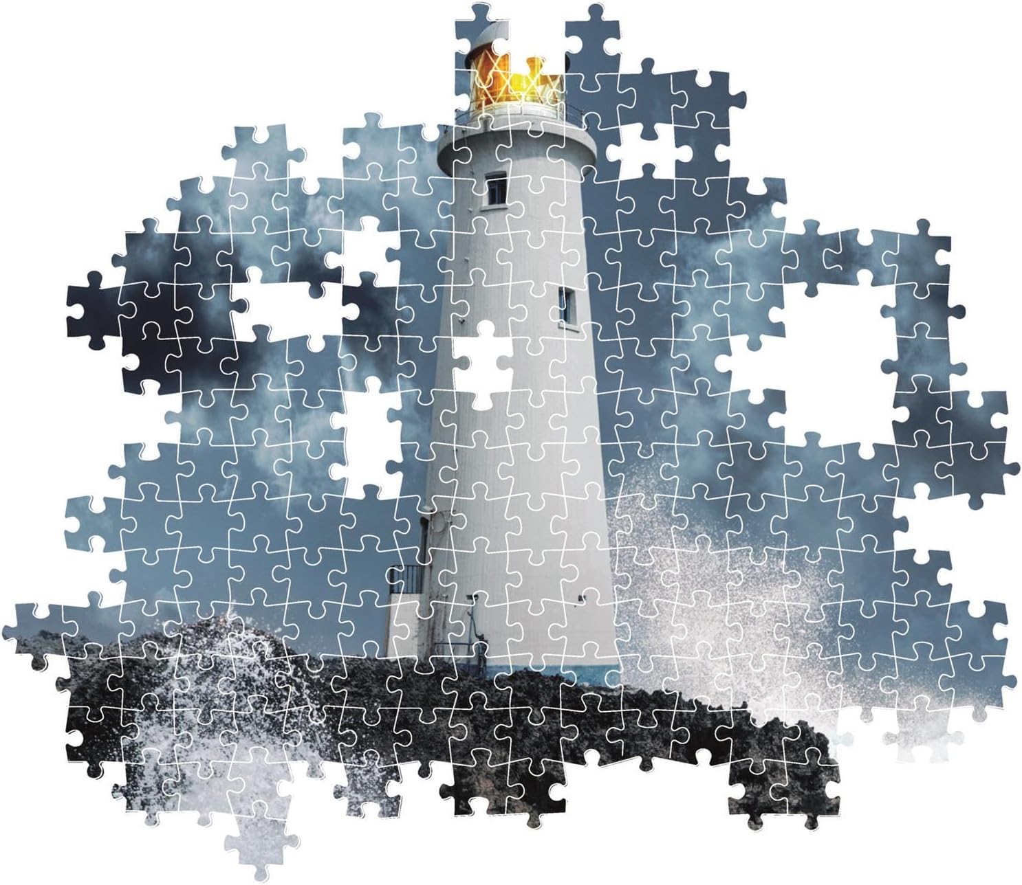 Incomplete jigsaw puzzle: a lighthouse on rocks with stormy seas and crashing waves