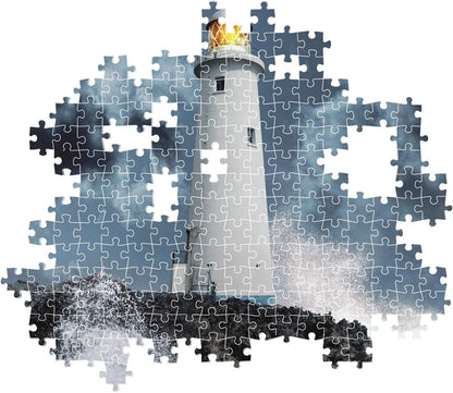 Incomplete jigsaw puzzle: a lighthouse on rocks with stormy seas and crashing waves