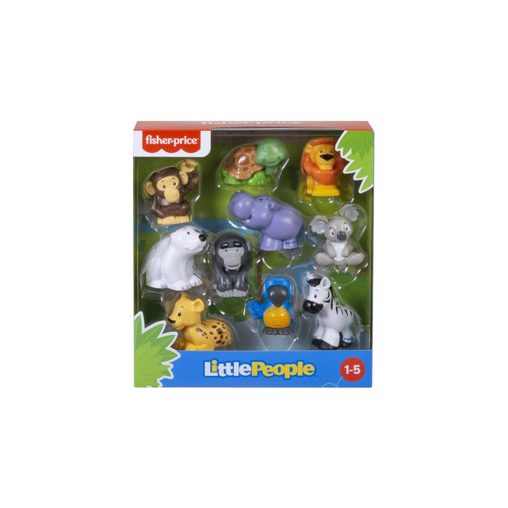 Fisher-Price Little People 10-pack of animal figures, including a monkey, lion, hippo, and zebra, displayed in a clear box