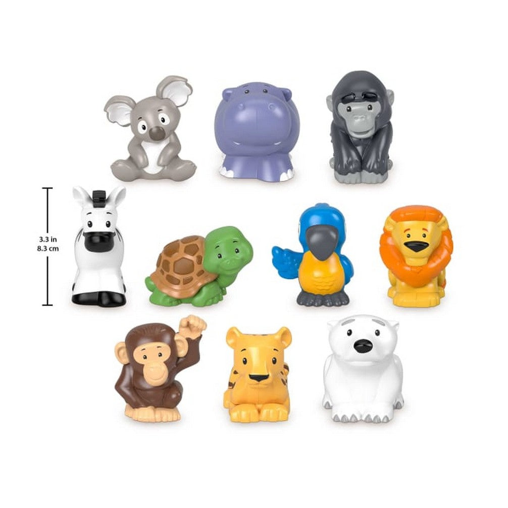 Ten colourful plastic animal toys, including a 3.3-inch zebra, koala, lion, and others, displayed on white
