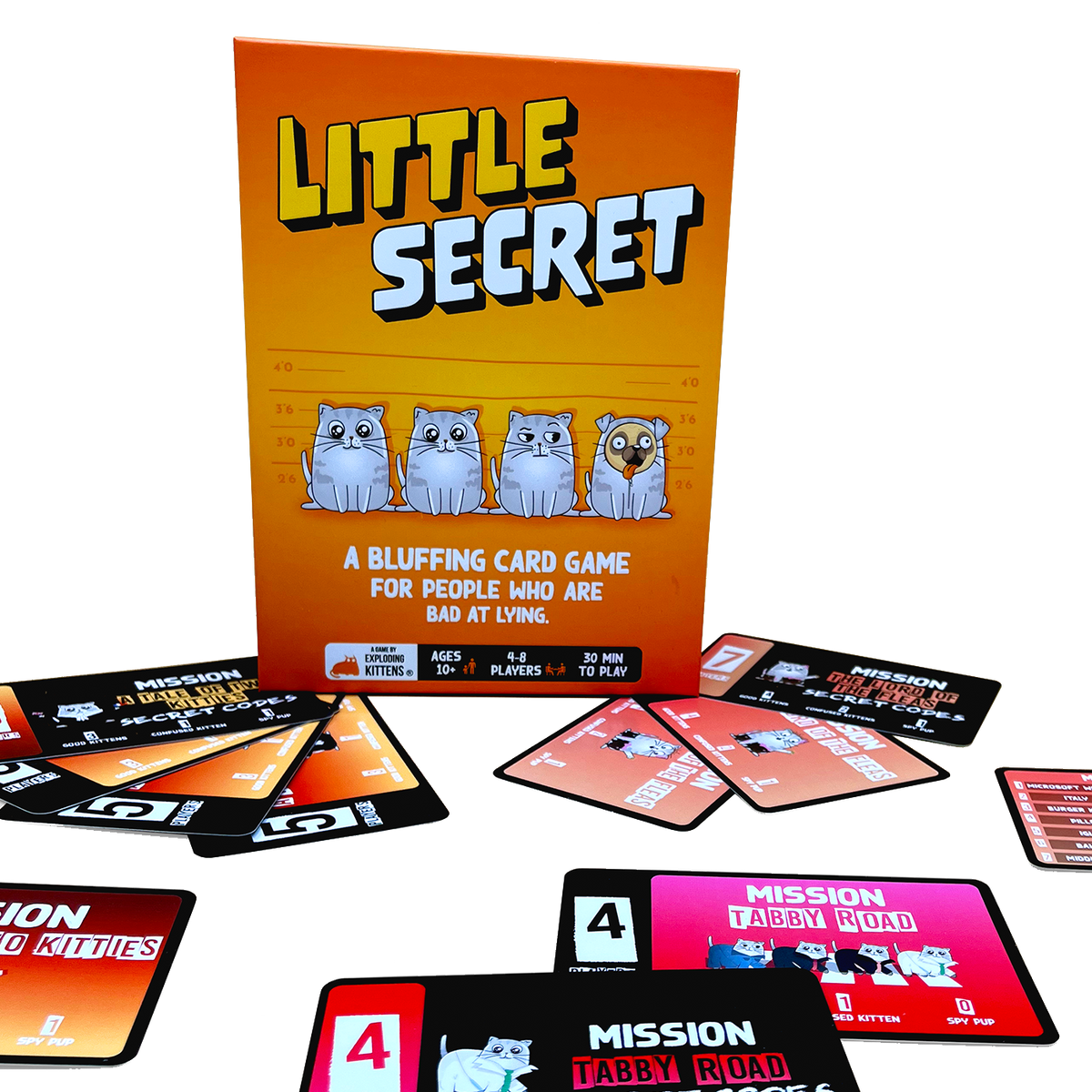 Little Secret game contents including cards and tokens laid out