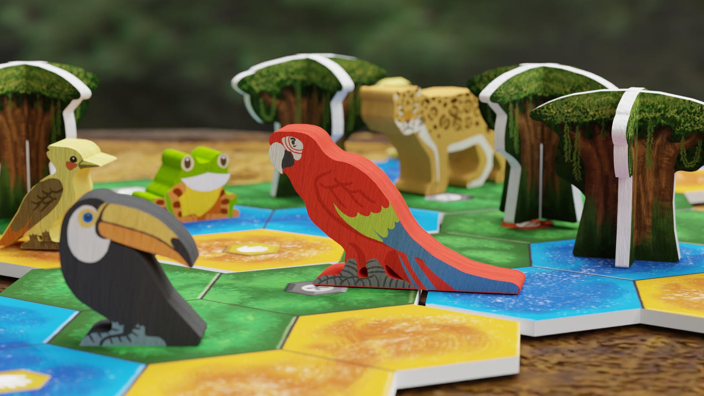 Bad Comet Life of the Amazonia board game meeple set, featuring wooden parrot, toucan, and frog figures on game tiles