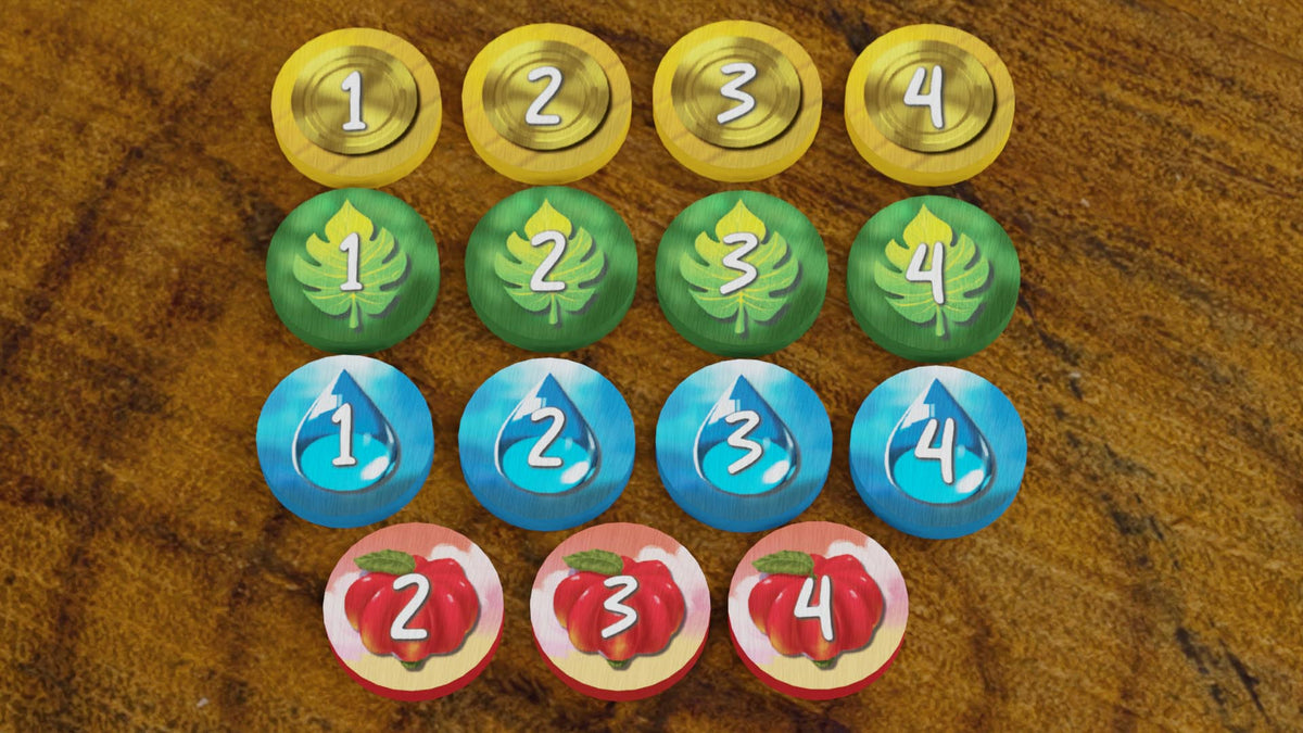Set of Bad Comet Life of the Amazonia Upgraded Resource Tokens with colorful icons and intricate designs