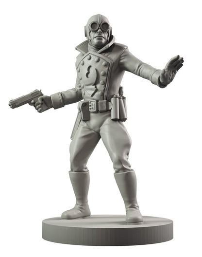 grey miniature of a man in goggles & coat with keyhole symbol, holding a pistol and gesturing forward