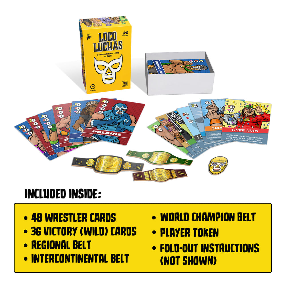 Loco Luchas game setup with ring board, cards, and tokens arranged for play