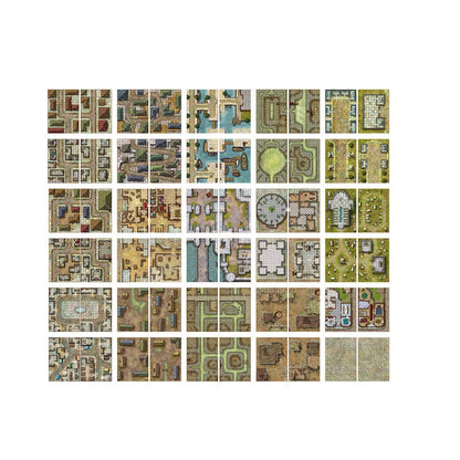 A large grid displays numerous modular fantasy battle map tiles, depicting diverse towns, waterways, interiors, and landscapes.