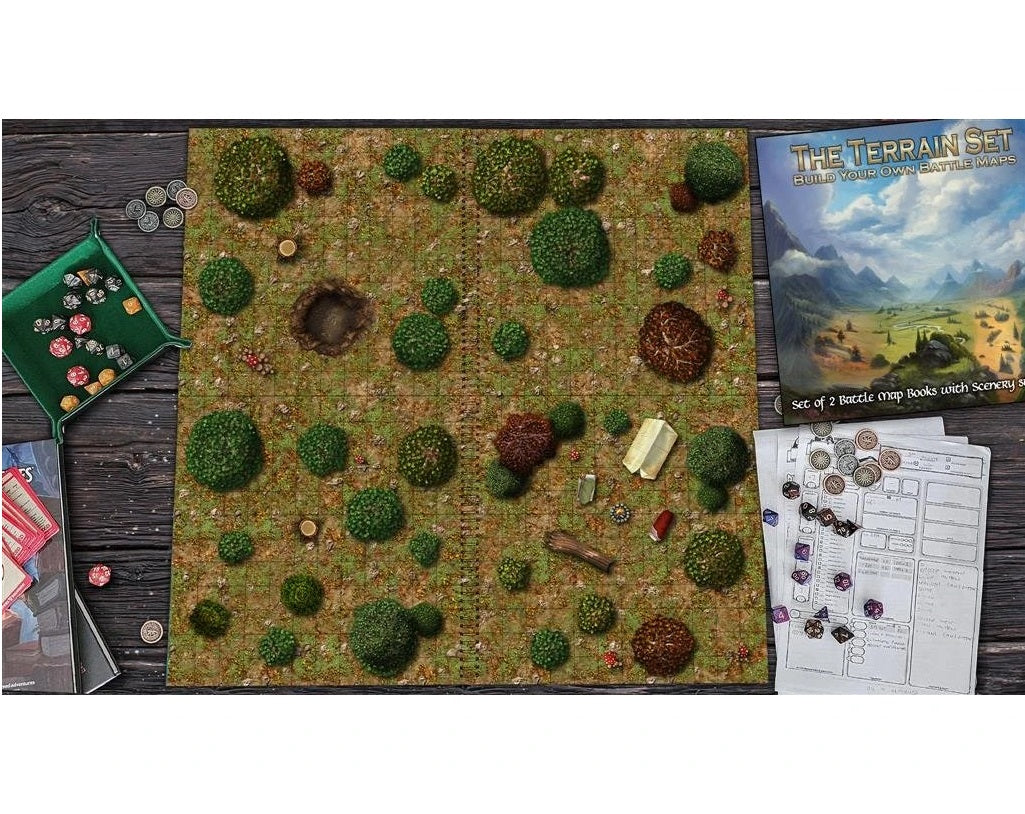 Top-down view of a TTRPG setup: grid battle map with trees, a pit, dice, character sheets, and rulebooks.