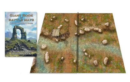 Giant Book of Battle Mats and an open, gridded tabletop RPG map featuring a river, rocks, and ruins.