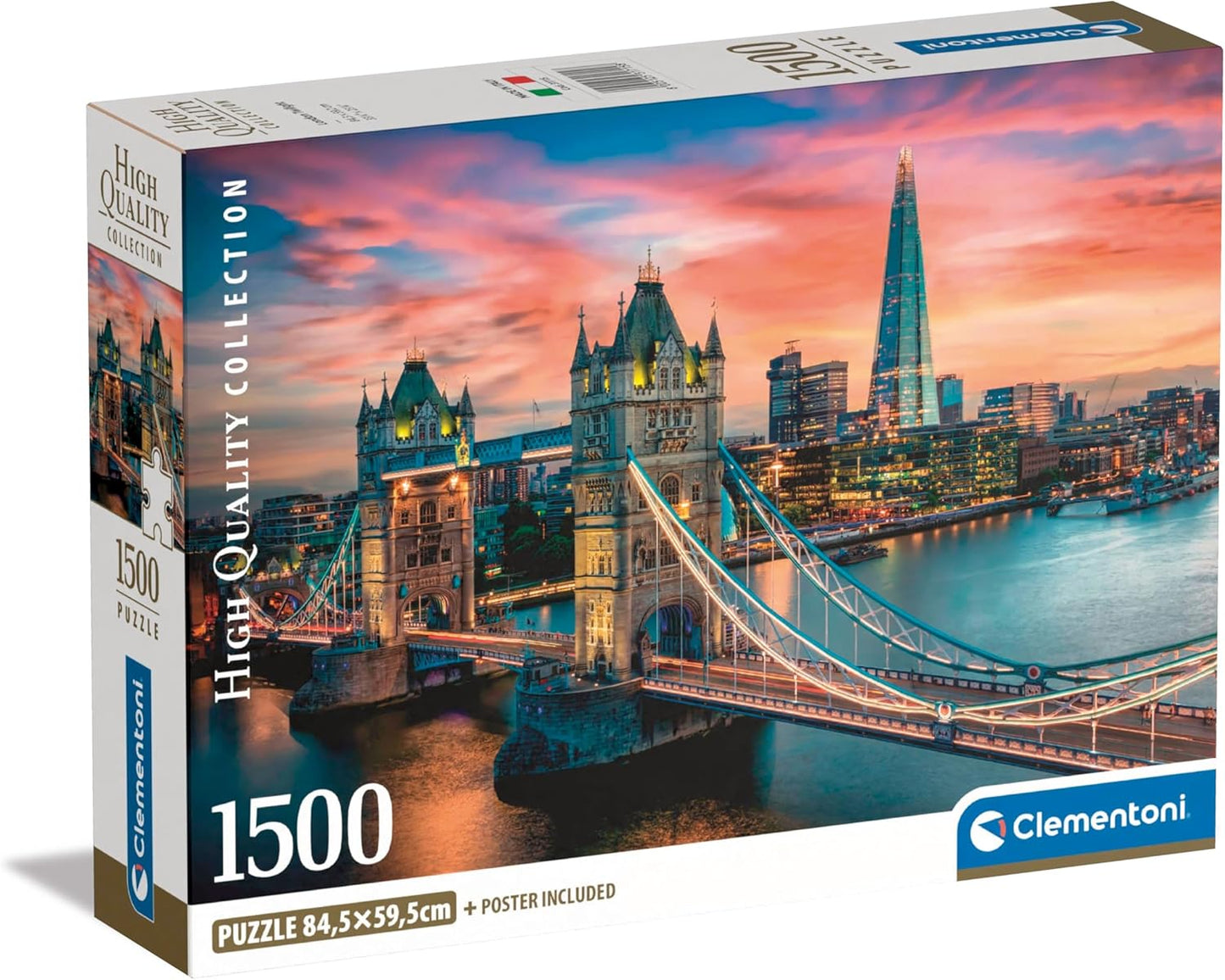 Clementoni High Quality Collection 1500-piece puzzle box featuring London's Tower Bridge and The Shard at sunset