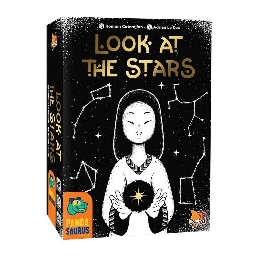 Game box for &quot;Look at the Stars&quot; showing a stylized person holding a dark, starry orb, surrounded by constellations