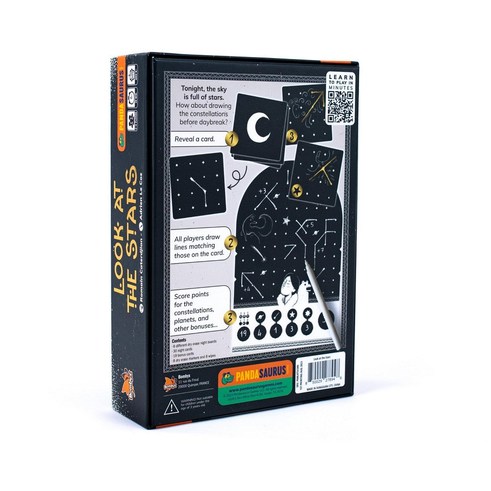 Back of the &quot;Look At The Stars&quot; board game box, showing gameplay with constellation drawing and scoring
