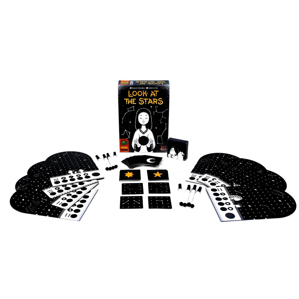 Look at the Stars board game box, black starry player mats, cards, and markers spread on a white background
