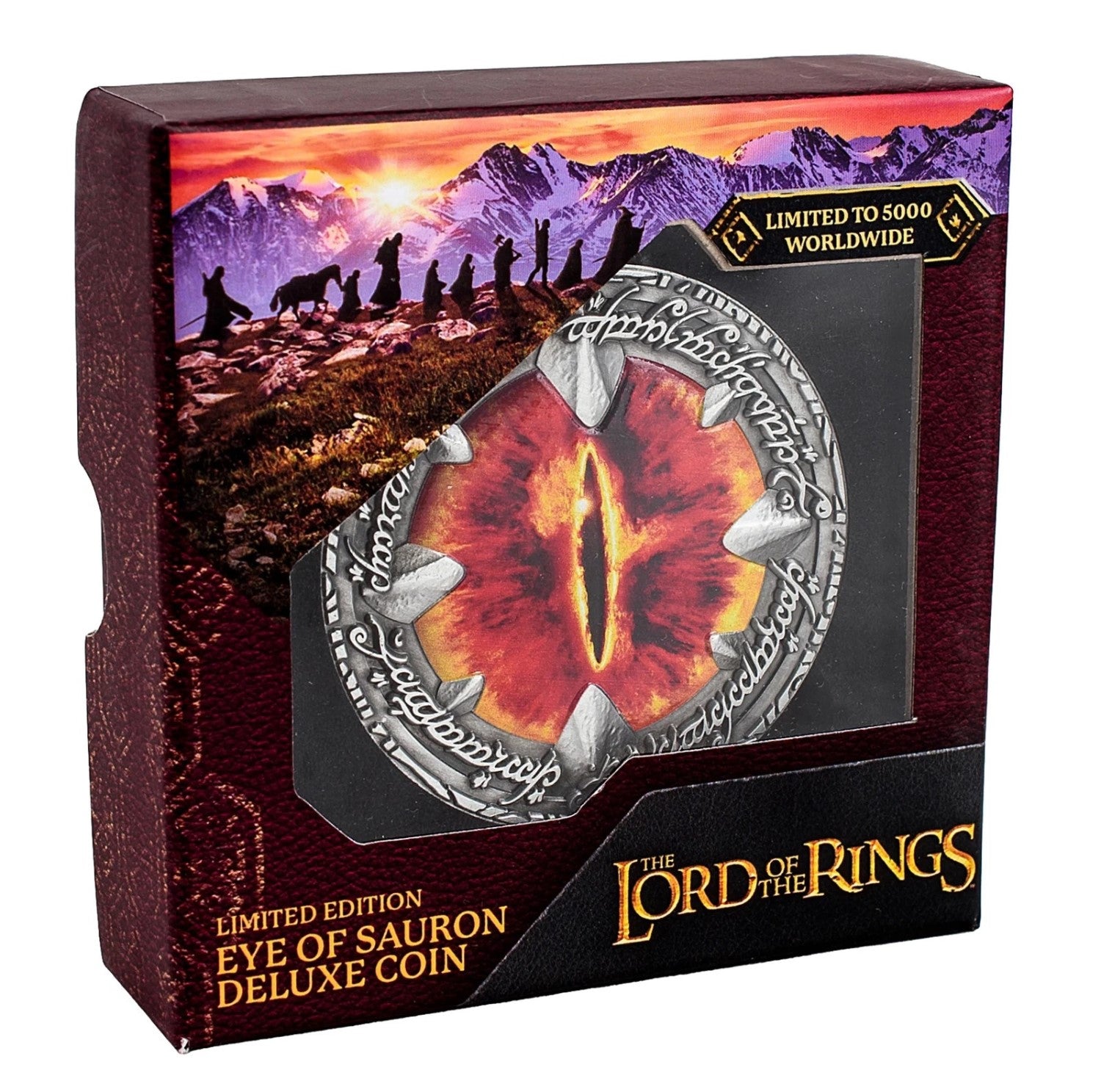 Lord of the Rings deluxe coin packaging featuring a flaming Eye of Sauron coin and Fellowship artwork
