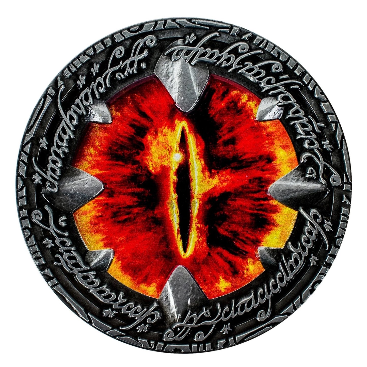 Metal medallion with the glowing, fiery red Eye of Sauron at the center, surrounded by engraved black script