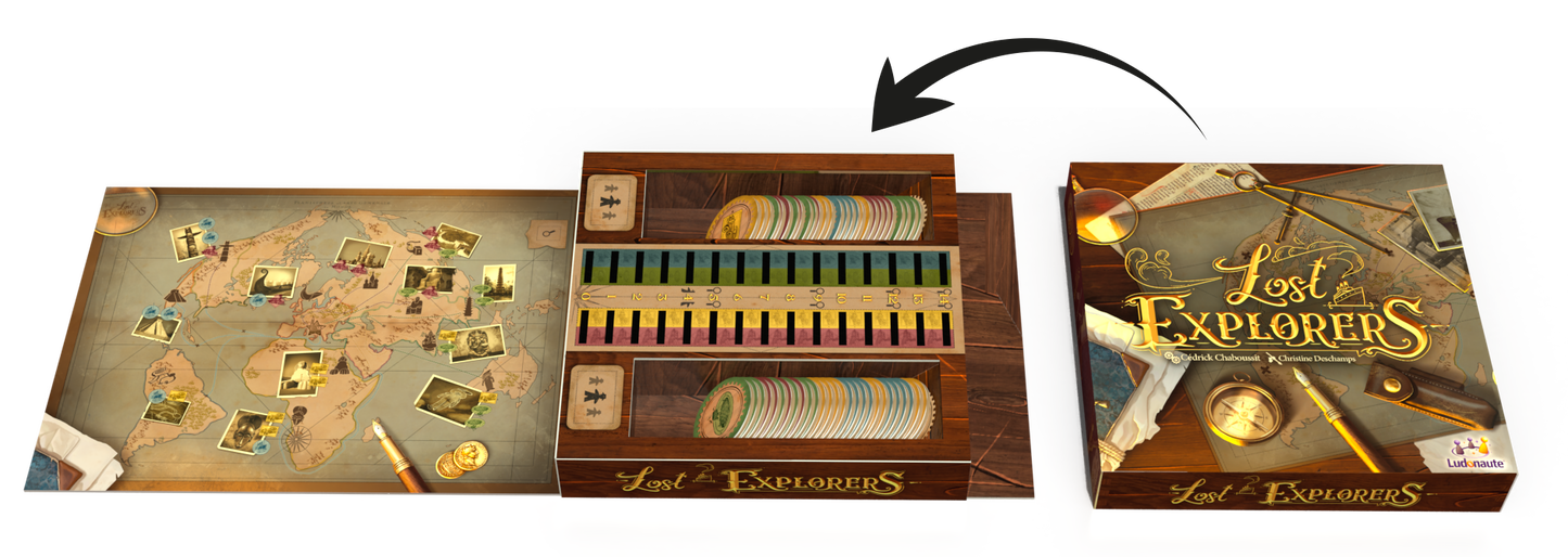 Lost Explorers box shown open and closed with arrow transition