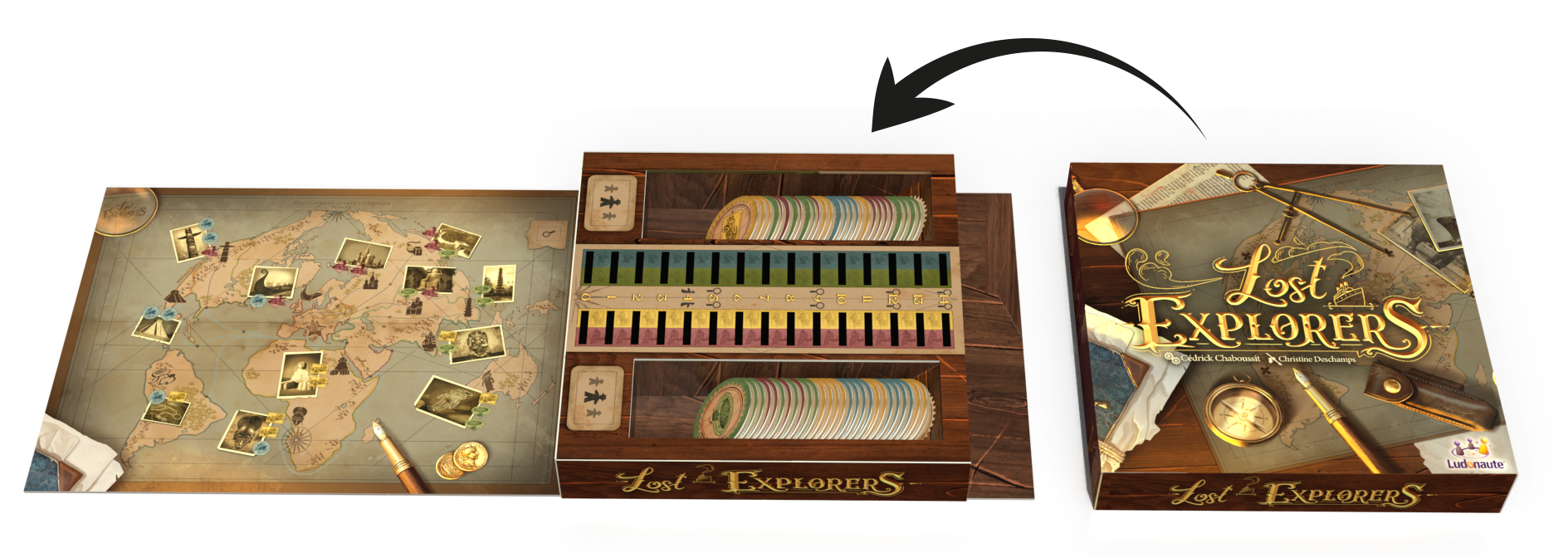 Lost Explorers box shown open and closed with arrow transition