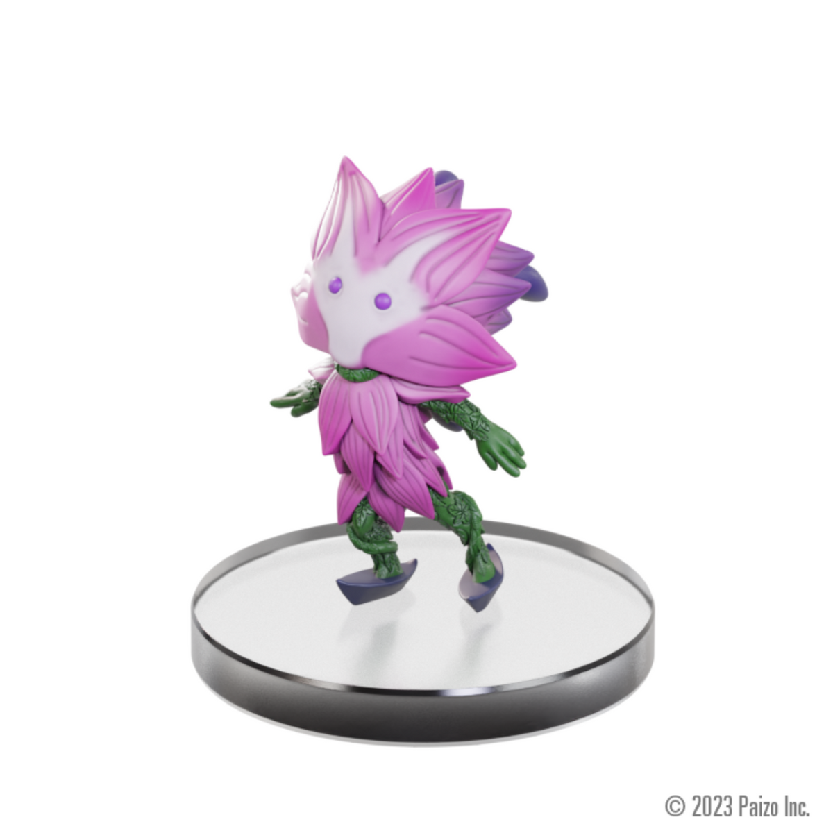 Pink-petaled Leshy miniature with green vine limbs, striding on a clear base