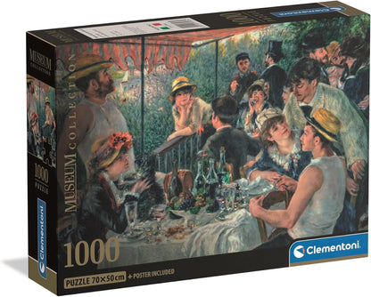 Clementoni Museum Collection 1000-piece jigsaw puzzle box featuring Renoir's "Luncheon of the Boating Party" painting of people dining outdoors